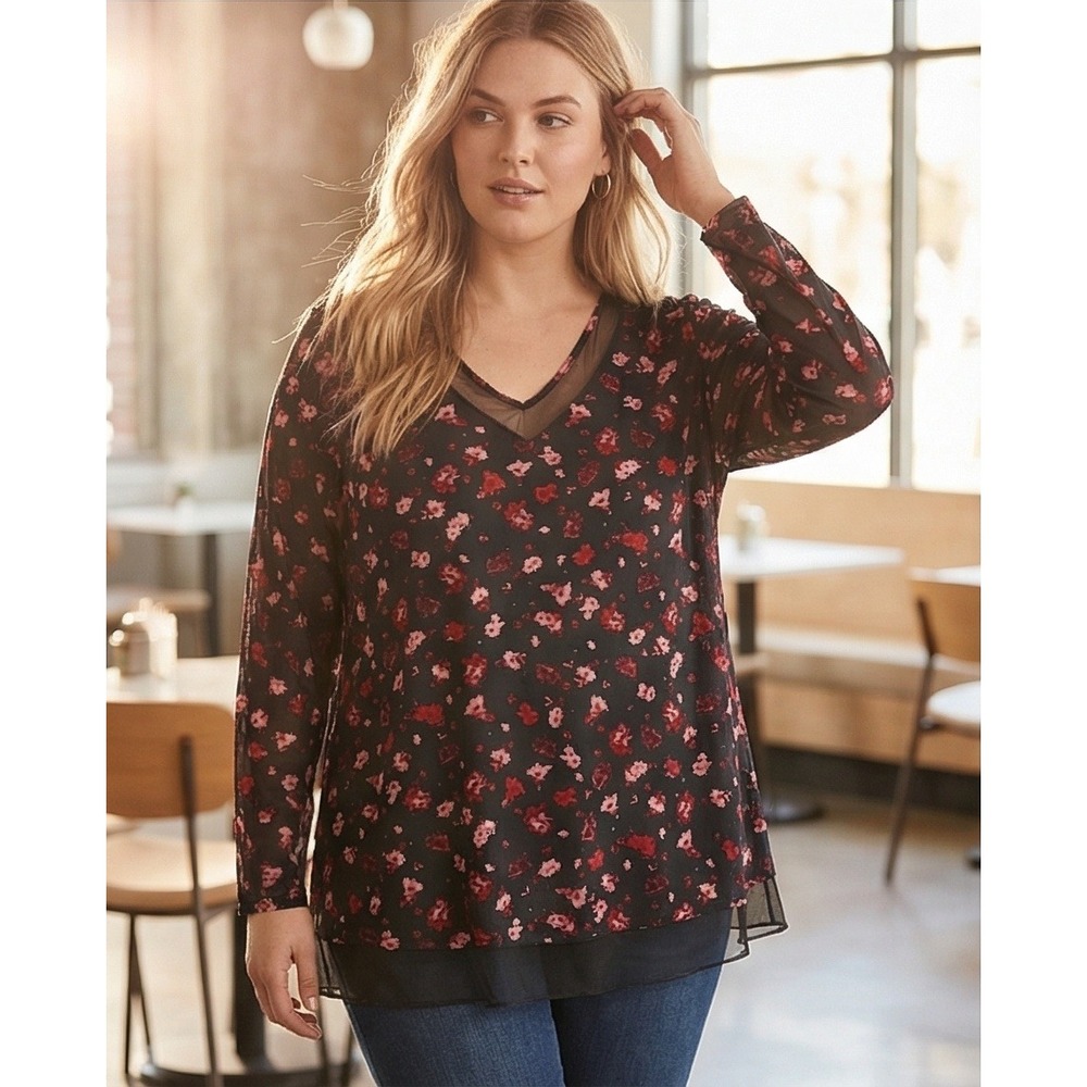 Lane Bryant Womens Plus 26/28 Floral Mesh V-Neck Strappy Long Sleeve Tunic Top